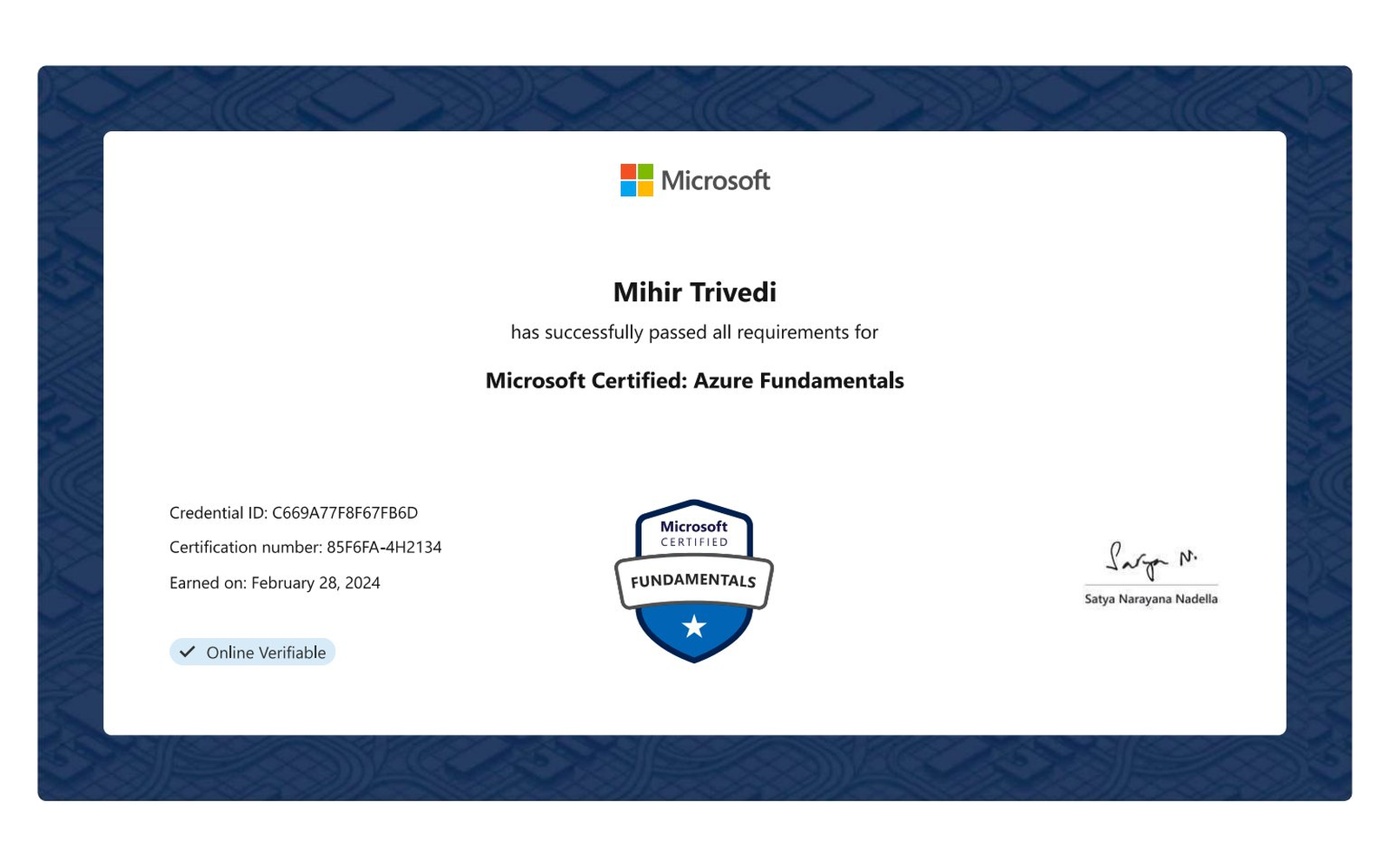 Microsoft Certified Azure Fundamentals certificate for Mihir Trivedi