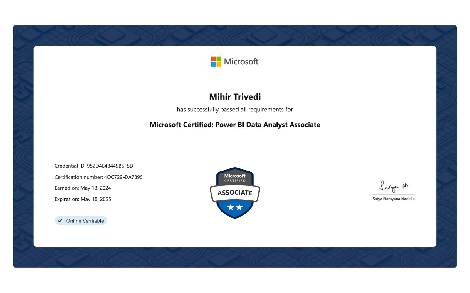 Microsoft Certified Power BI Data Analyst Associate certificate for Mihir Trivedi