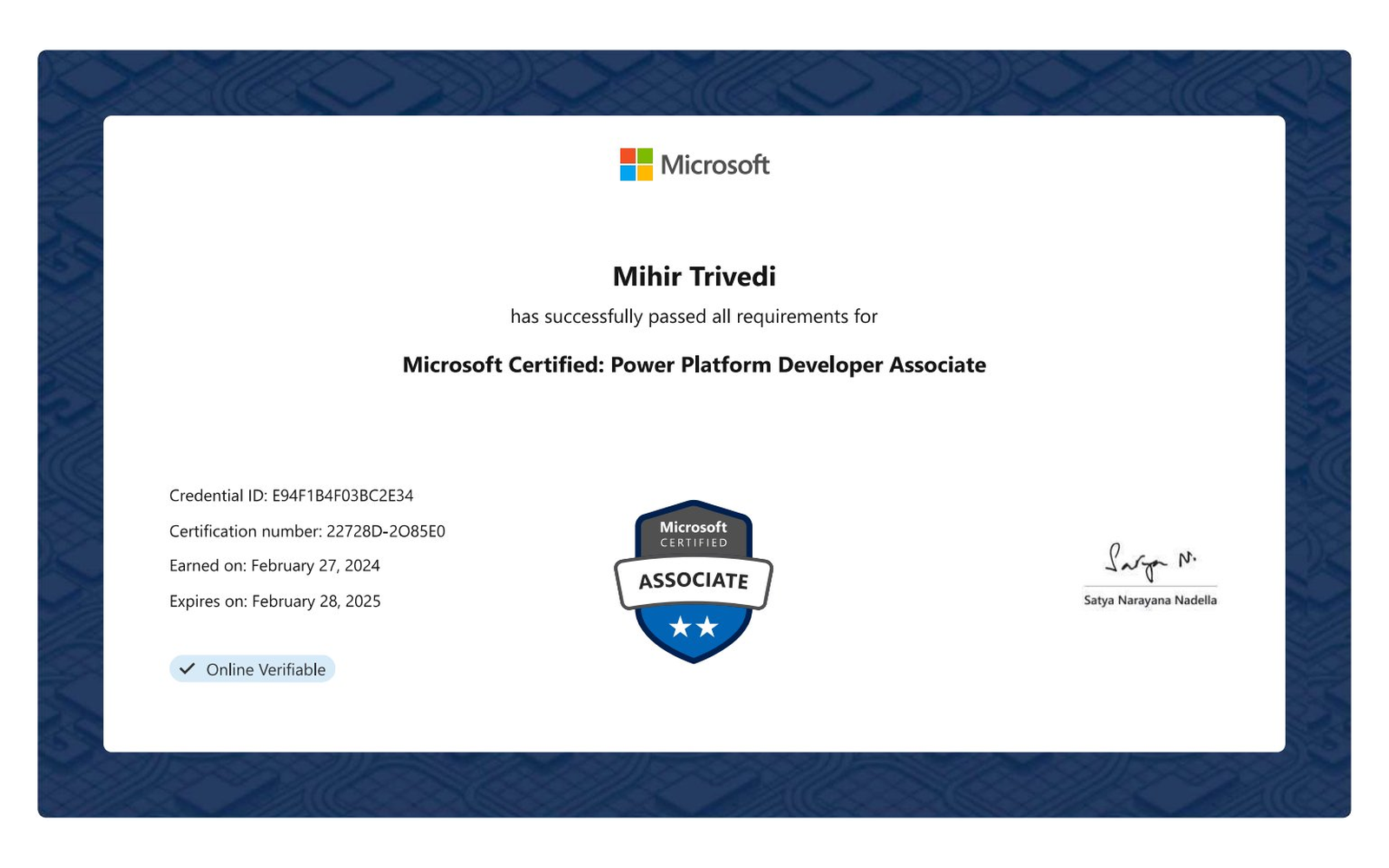 Microsoft Certified Power Platform Developer Associate certificate for Mihir Trivedi