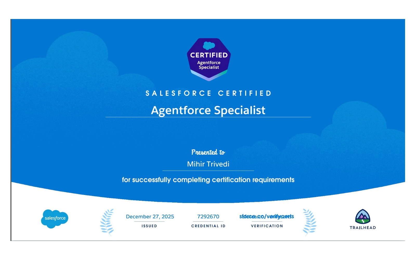 Salesforce Certified Agentforce Specialist certificate for Mihir Trivedi