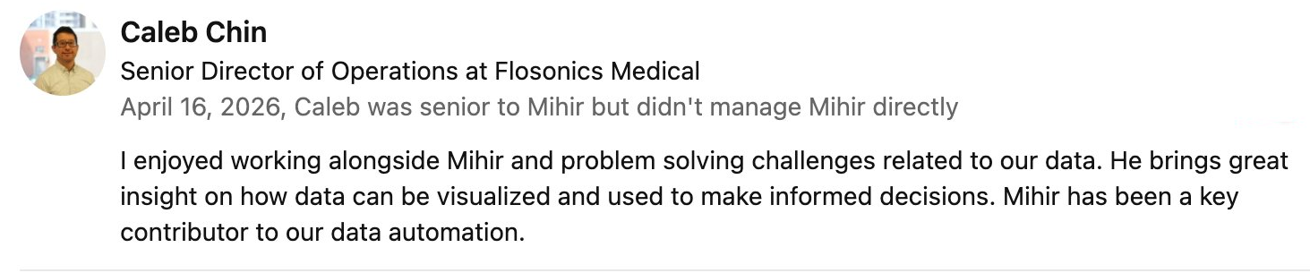 LinkedIn recommendation from Caleb Chin for Mihir Trivedi