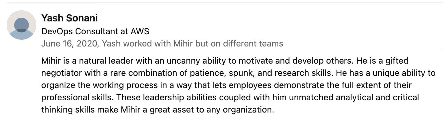 LinkedIn recommendation from Yash Sonani for Mihir Trivedi